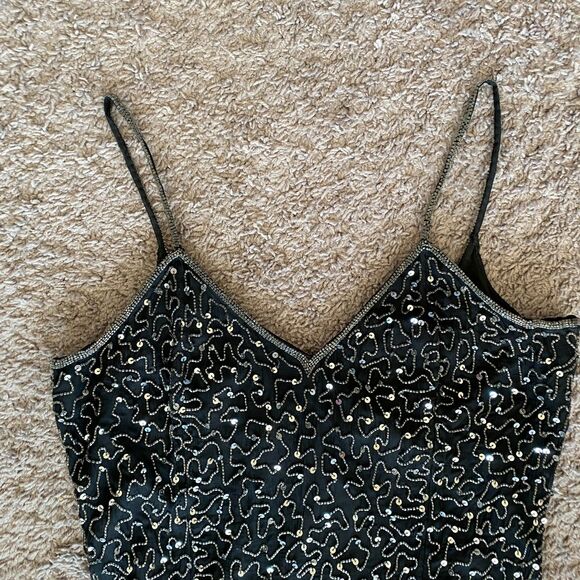 VINTAGE SCALA Black 100% Silk Beaded Sequin Maxi Gown Size Large - Picture 3 of 12